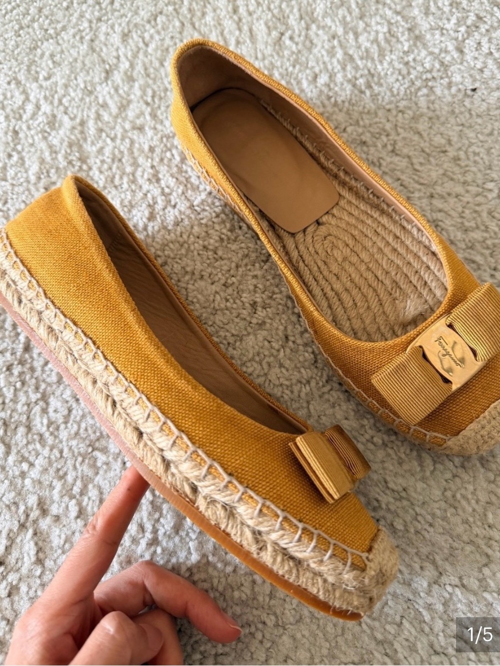 ++ Salvatore Ferragamo Mustard Canvas Espadrille Flats with Bow and Logo 61/2